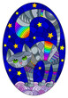 Illustration in the style of stained glass with a grey cat on the cloud against the background of the starry night sky, oval image 