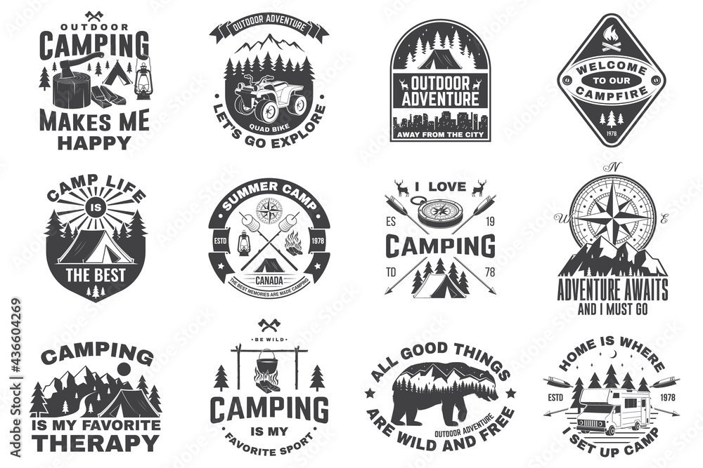 Set of camping badges. Vector. Concept for shirt or logo, print, stamp or tee. Vintage typography design with quad bike, tent, mountain, camper trailer and forest silhouette. - obrazy, fototapety, plakaty 
