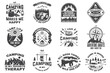 © sivvector - Set of camping badges. Vector. Concept for shirt or logo, print, stamp or tee. Vintage typography design with quad bike, tent, mountain, camper trailer and forest silhouette.