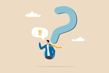 Answer Business Question, Determination Or Sill And Decision To Solve Problem, FAQ Frequently Asked Questions Concept, Determination Businessman Comes Out From Question Mark Sign To Answer Question.