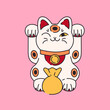 Maneki neko flat cartoon illustration. Japanese folklore symbol banner design. Asian culture, lucky cat, smiling kitty with gold coin printing card.