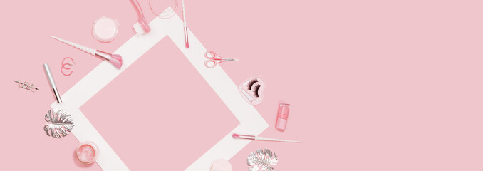 Wall Mural - Tender pink monochrome feminine makeup tools and silver accessories. brushes eye lashes vanish on candy pink. Flat lay, birthday beauty cosmetics blogger advert border concept. Heart, love hair clips