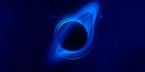 Black hole. Dark night sky. Dark interstellar space. 2d illustration. Cosmos. Powerful stars in a deep space. Blue cold nebula. Galactic center. Matter collapse.