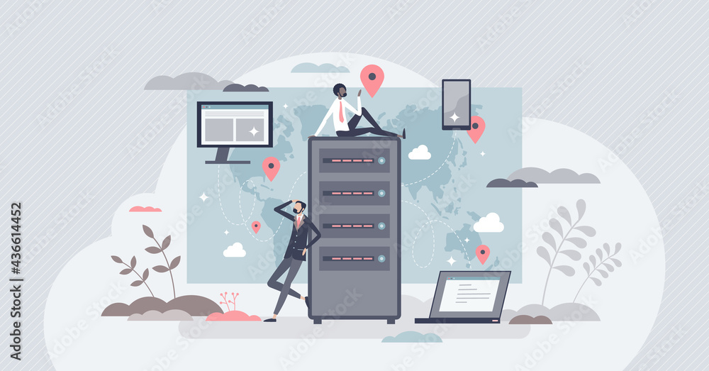 CDN content delivery network as information distribution tiny person concept. Global server connection for website performance vector illustration. Wireless database optimization for fast browsing. - obrazy, fototapety, plakaty 