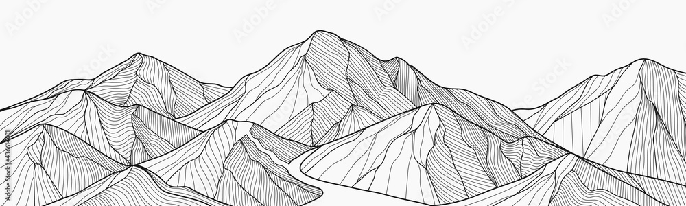 Black and white mountain line arts wallpaper, luxury landscape background design for cover, invitation background, packaging design, fabric, and print. Vector illustration. - obrazy, fototapety, plakaty 