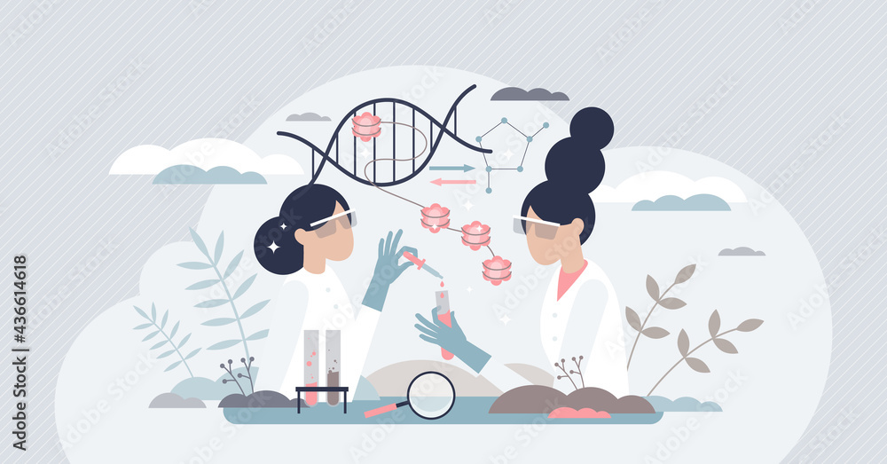 Epigenetics research and study of DNA gene expression tiny person concept. Work scene with phenotype changes experiment in microbiology lab vector illustration. Genetic sequence science and knowledge. - obrazy, fototapety, plakaty 
