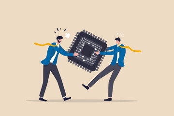 Semiconductor and computer chip supply chain shortage due to Coronavirus COVID-19 pandemic, electronics manufacturing problem concept, businessman tug of war fighting to get computer chip.