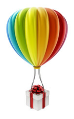 Colorful hot air balloon carying white giftbox wrapped with red ribbon. 3D illustration