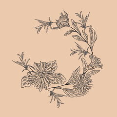Wall Mural - Hand drawn floral wreath with calendula flowers and leaves