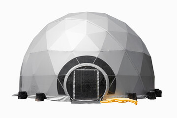 space base structure, white and dark grey round plastic tent on white background