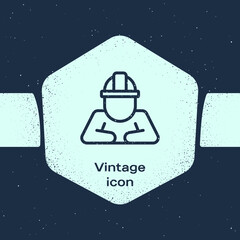 Poster - Grunge line Builder icon isolated on blue background. Construction worker. Monochrome vintage drawing. Vector