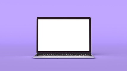 Mockup of Modern Laptop with Blank Screen on Purple Background. 3D Render illustration for Your Design.