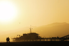 Landscape Of The Santa Monica Beach Silhouette During The Sunset In California, The U