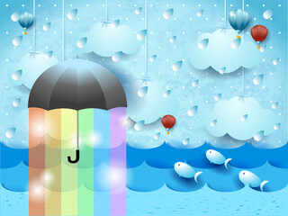 Wall Mural - Fantasy seascape with umbrella, rain and rainbow colors. Vector illustration eps10