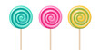 Lollipop, round spiral candy on stick. Mint, strawberry, lemon and fruit taste lollypops. Vector cartoon set of hard sugar caramel with striped swirls on wooden stick isolated on white background