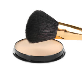 Face powder with brush on white background. Makeup product