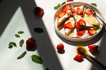 Wall Mural - Healthy food breakfast strawberry toast with butter cream