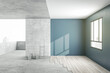 Apartment renovation process with stylish blue shades walls and wooden parquet floor from concrete floor and top