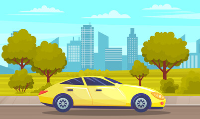 Wall Mural - Yellow car drive on road in city against tall buildings and alley with large trees. Urban road summertime flat vector illustration. Car tourism, family auto trip, journey, automobile transport