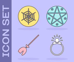 Poster - Set Magic stone ring with gem, Spider web, Witches broom and Pentagram in a circle icon. Vector