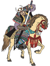 A Japanese Samurai Rider Sitting On Horseback, Wearing Medieval Leather Armour And Holding A Katana Sword. Asian Cavalry Warrior. Medieval East Asia Soldier Riding A Pony Horse. Vector Illustration