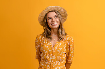 Wall Mural - beautiful attractive stylish woman in yellow dress and straw hat