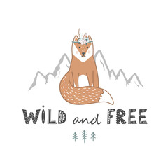 Wall Mural - Wild and free lettering with cute fox hand drawn in Scandinavian style. Vector illustration isolated on white. Animal wildlife. Wall art for poster, card, t-shirt, textile, print, home decor, and more