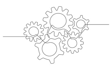 Poster - One continuous line illustration of different gears wheels. Five cogwheels in simple lineart style. Editable stroke. Creative concept of business teamwork, development, innovation, process. Vector