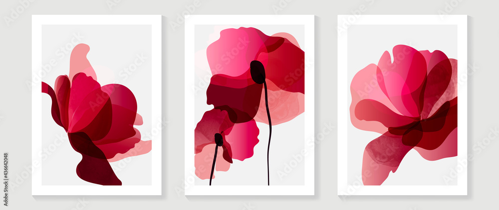Abstract art red flower background vector. wall art design with watercolor art texture from floral and botanical flower, x-ray botanical leaves design  Vector illustration. - obrazy, fototapety, plakaty 