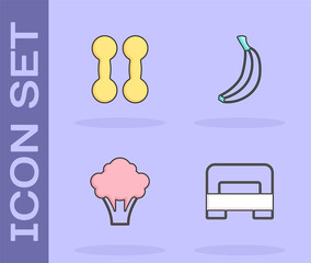 Sticker - Set Big bed, Dumbbell, Broccoli and Banana icon. Vector