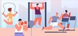 People at gym. Flat sport, healthy lifestyle person. Successful training, fitness group sporting. Cardio workout with equipment utter vector illustration