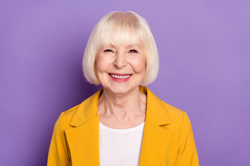 Canvas Print - Portrait of candid positive person beaming smile look camera isolated on pastel purple color background