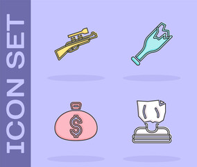 Sticker - Set Kidnaping, Sniper rifle with scope, Money bag and Broken bottle as weapon icon. Vector