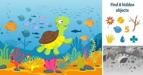 Poster - Find hidden objects. Puzzle game kids with fish. Underwater fun brain teaser looking different items. Swimming sea cartoon turtle vector picture