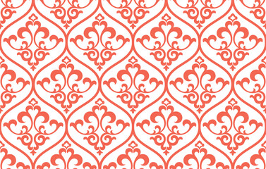 Floral pattern. Vintage wallpaper in the Baroque style. Seamless vector background. White and pink ornament for fabric, wallpaper, packaging. Ornate Damask flower ornament