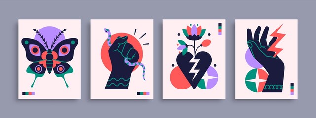 Abstract poster collection with hands, animals and abstract elements and shapes. Set of contemporary print templates. Vector illustration
