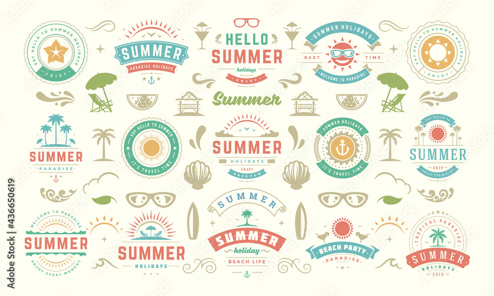Summer labels and badges design set retro typography for posters, greeting cards and banners. - obrazy, fototapety, plakaty 