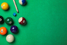 Flat Lay Composition With Balls On Billiard Table, Space For Text