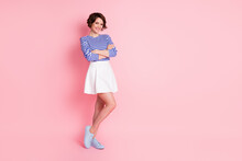 Full Length Photo Of Cute Lady Crossed Arms Wear Striped Shirt Mini Skirt Sneakers Isolated Pastel Pink Color Background