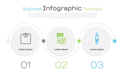 Sticker - Set line Bathroom scales, Vitamin pill and Smartwatch. Business infographic template. Vector