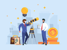 Businessman Watching Telescope. Successful Team Working Exploring Universe Looking Observer Business Concept Garish Vector Background In Flat Style