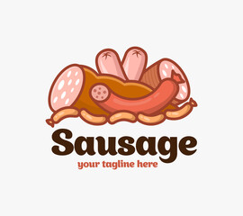 Sausage store, market, shop logo. Butcher icon. Barbecue party logotype. Design for print, emblem, t-shirt, party decoration, sticker, logotype.