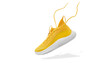 Flying yellow leather womens sneakers isolated on white background. Fashionable stylish sports casual shoes. Creative minimalistic layout with footwear. Mock up for design advertising for shoe store