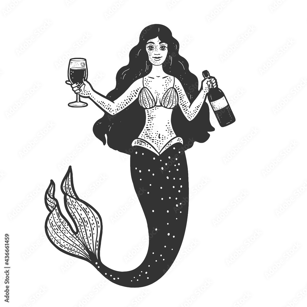 mermaid with glass and bottle of wine line art sketch engraving vector illustration. T-shirt apparel print design. Scratch board imitation. Black and white hand drawn image. - obrazy, fototapety, plakaty 