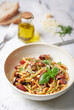 © Gootheo father - Fusilli Pugliesi with salsiccia, eggplant, cherry tomatoes and olives