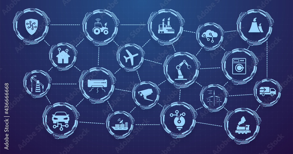 Internet of Things (IOT) banner. Everything related to the concept of a network device, anywhere, anytime. Digital web for the Internet of Things or a network of smart home devices with icons. Vector - obrazy, fototapety, plakaty 