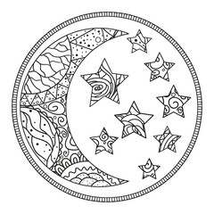 Wall Mural - Mandala. Crescent. Half moon and stars with abstract patterns on isolation background. Design for spiritual relaxation for adults. Line ar. Outline for tattoo, printing on t-shirt, poster. Zentangle