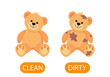 dirty and clean teddy bear plush toys. concept of children learning opposite adjectives clean and dirty.