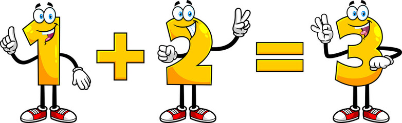 Wall Mural - Funny Number 1 Plus Number 2 Equals Number 3 Cartoon Character. Vector Hand Drawn Illustration Isolated On Transparent Background