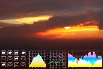 Wall Mural - weather forecast symbol data presentation with graph and chart on dramatic atmosphere panorama view 